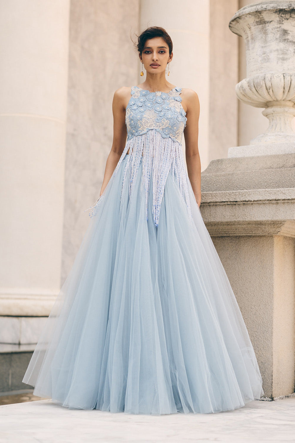 Sky Blue 3D Tassel Blouse Skirt Set
