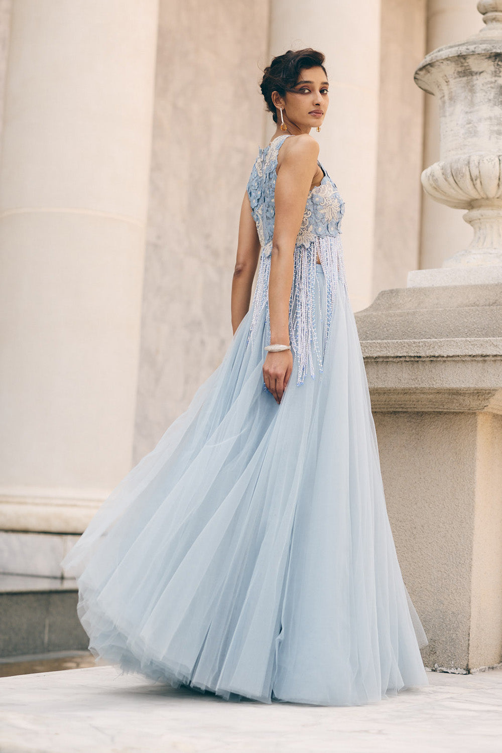 Sky Blue 3D Tassel Blouse Skirt Set