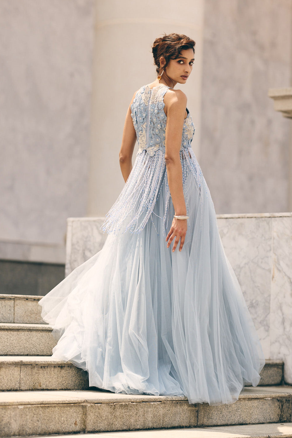 Sky Blue 3D Tassel Blouse Skirt Set
