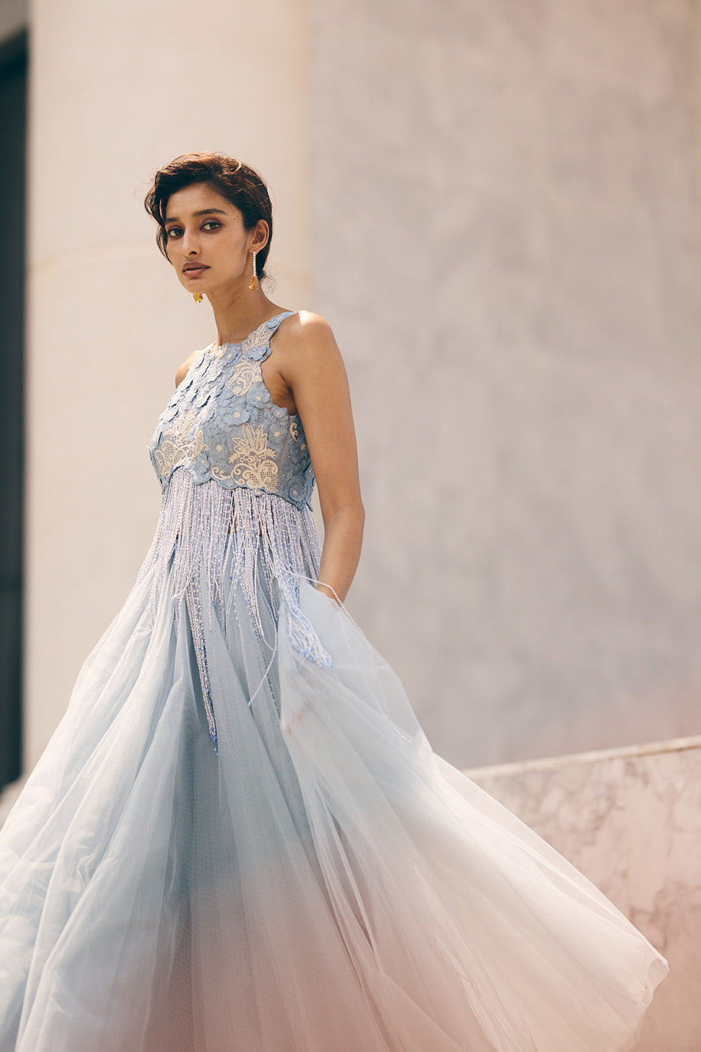 Sky Blue 3D Tassel Blouse Skirt Set