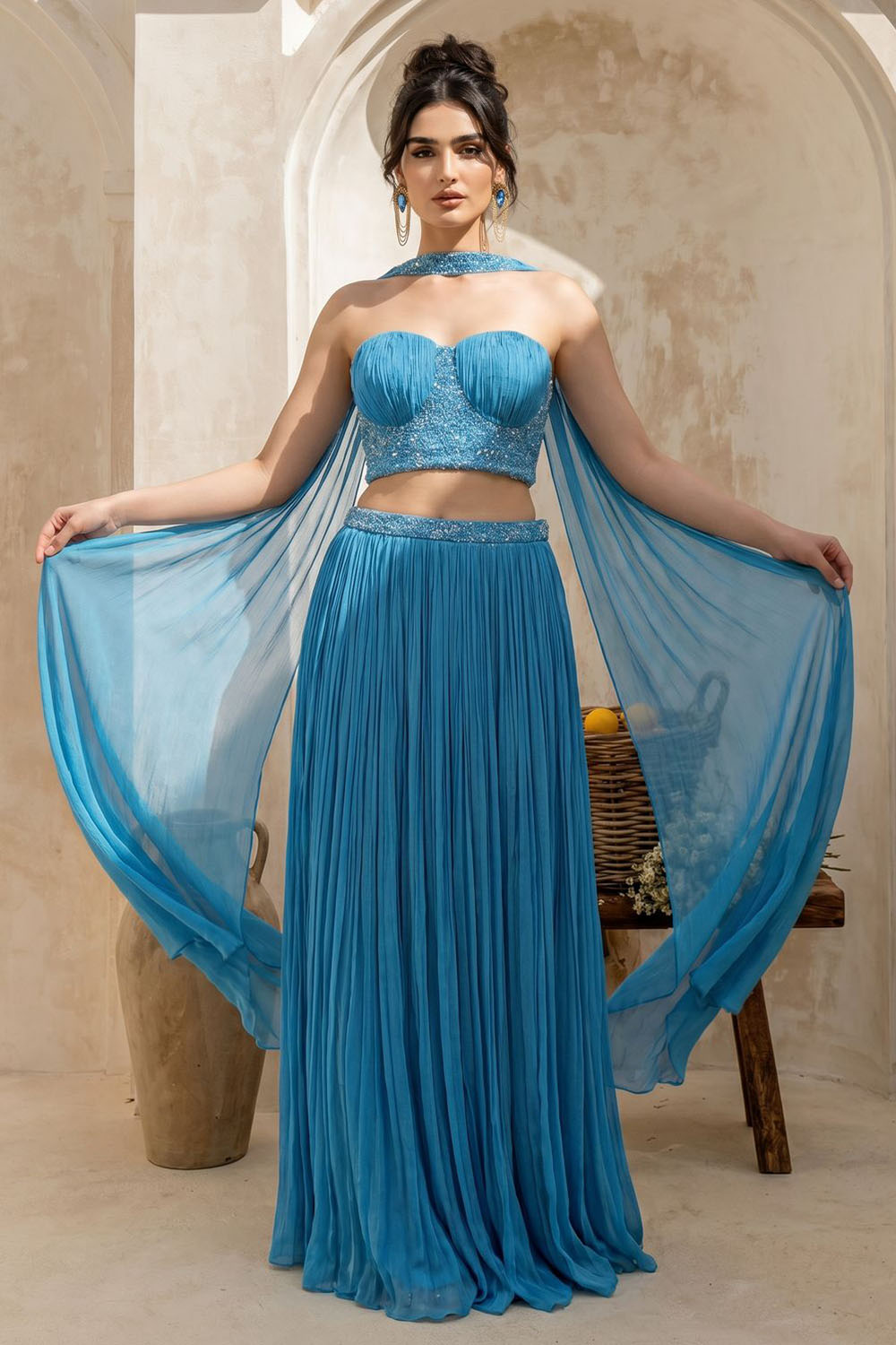 Sky-blue Corset with pleated Skirt & Dupatta