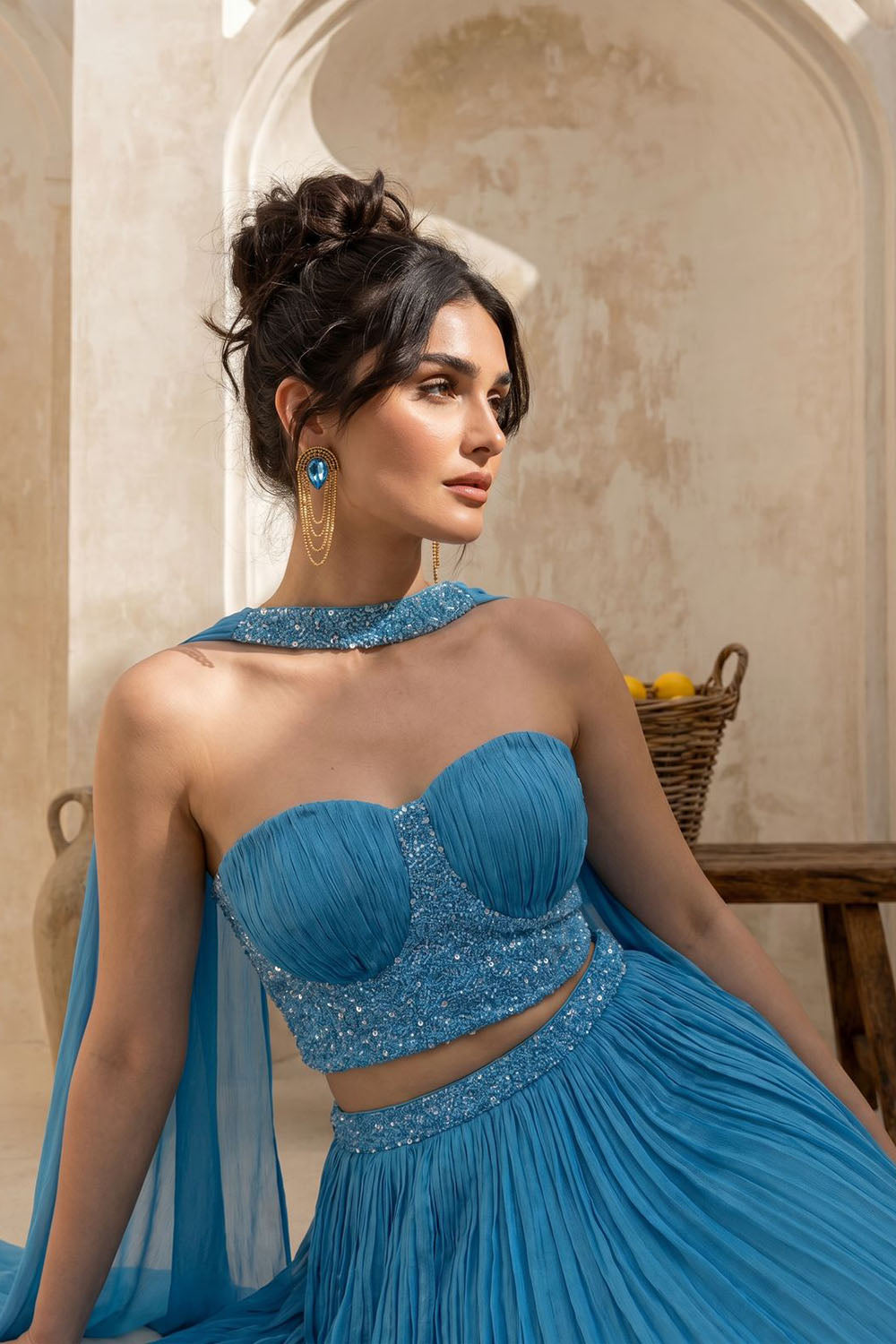 Sky-blue Corset with pleated Skirt & Dupatta