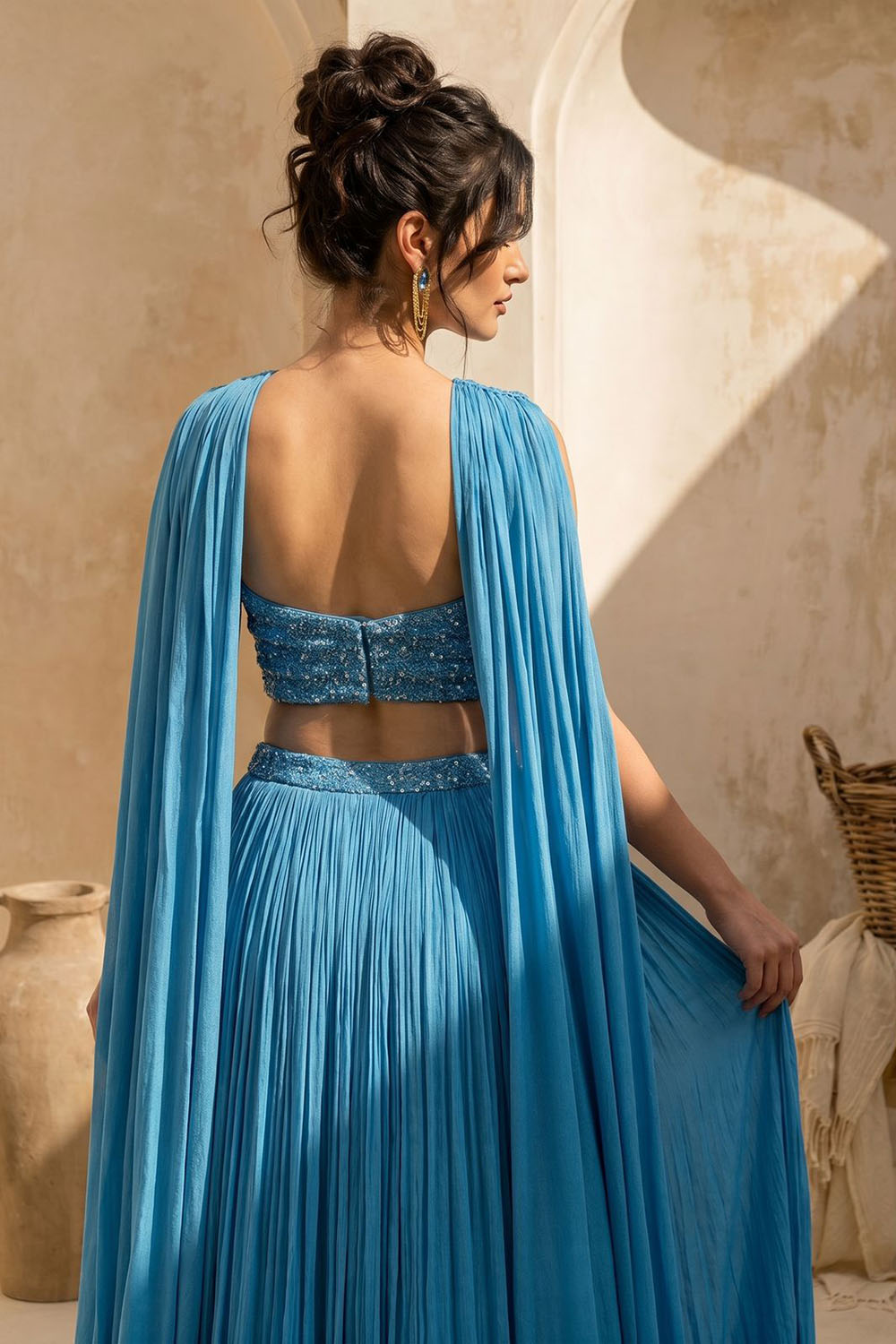 Sky-blue Corset with pleated Skirt & Dupatta