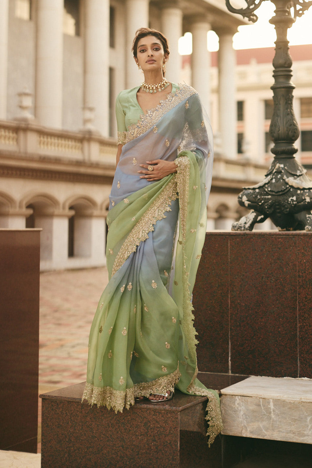 Sky Blue Green Ombre Sharmaine Saree Set