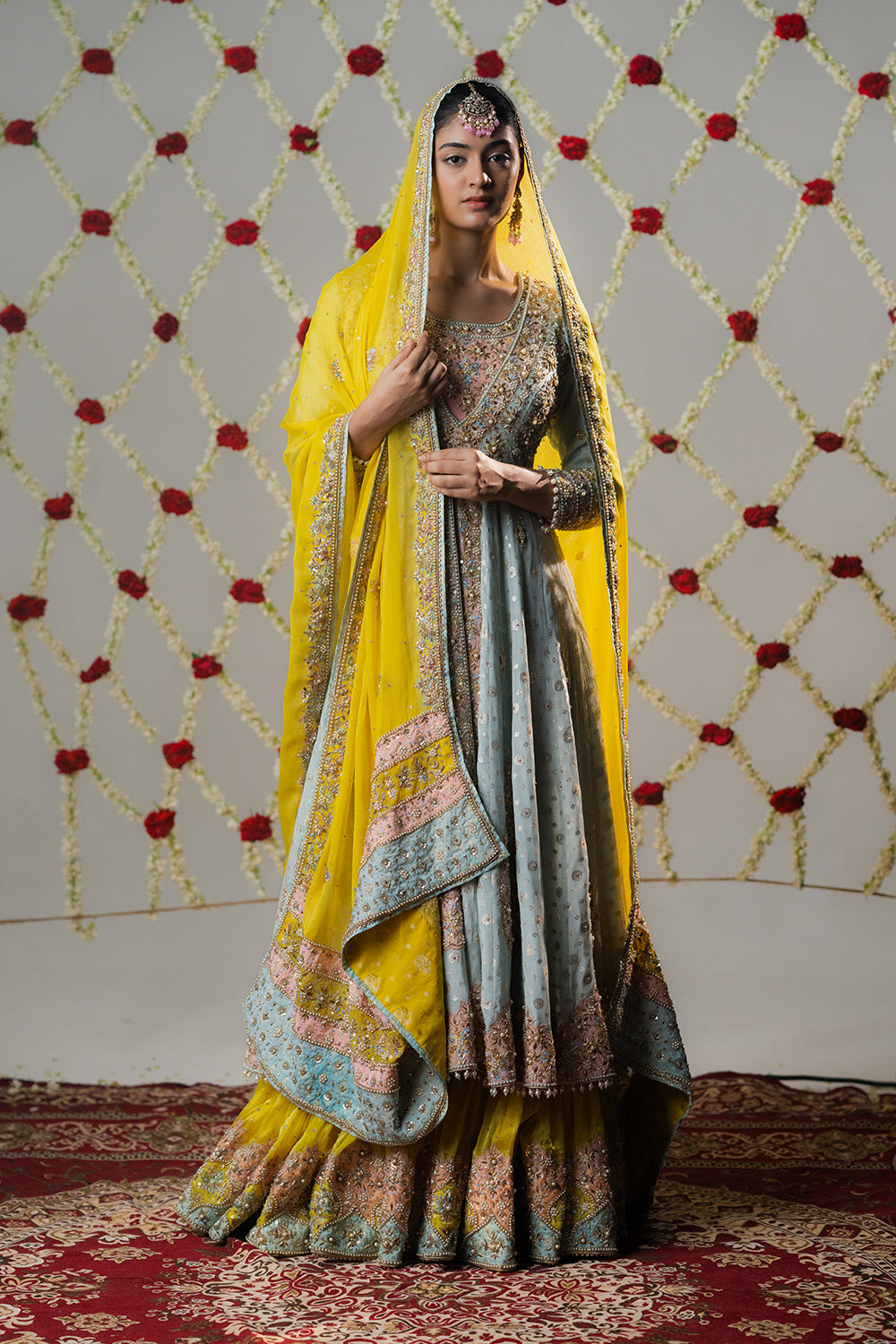 Sky Blue & Yellow Glass Organza Lehenga Set