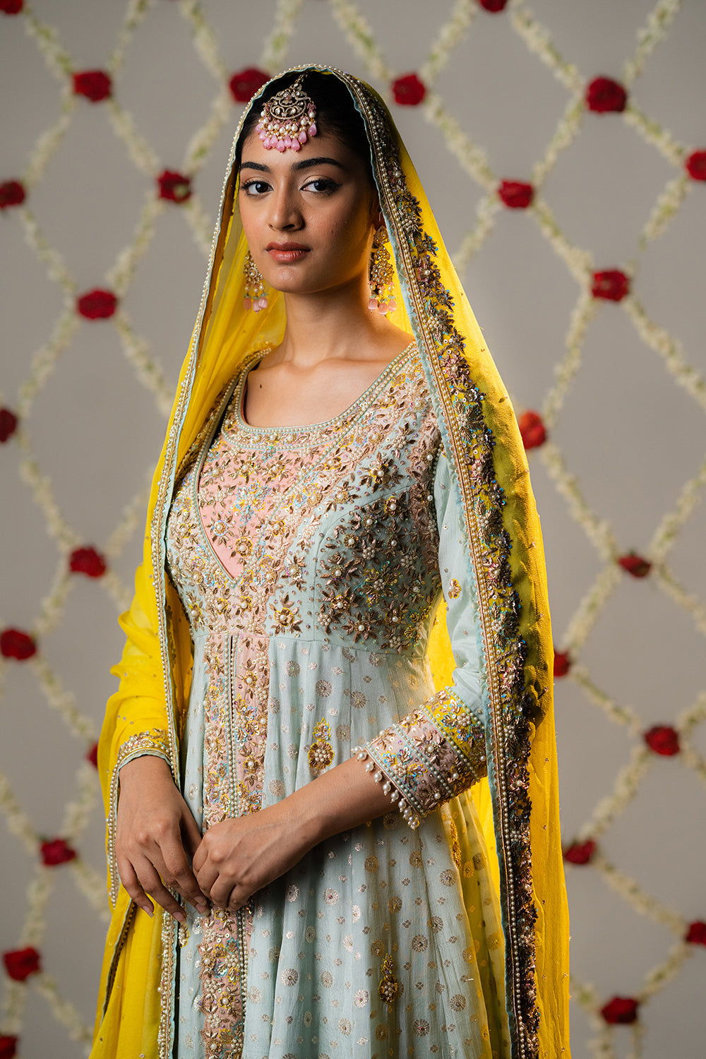 Sky Blue & Yellow Glass Organza Lehenga Set