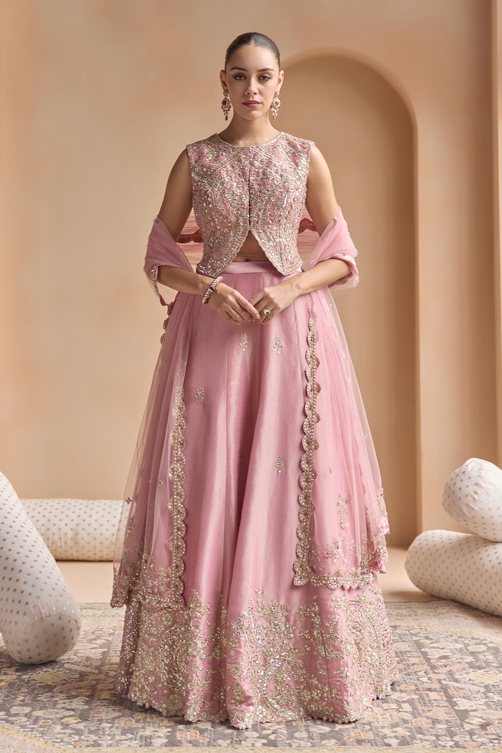 Soft Berry Embroidered Tissue Lehenga Set
