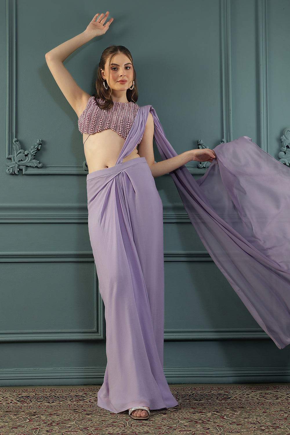 Soft-Purple Pearl Pre-Drape Saree