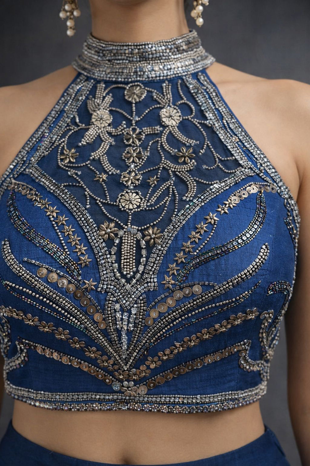 Solid lehanga with high neck antique embroidery