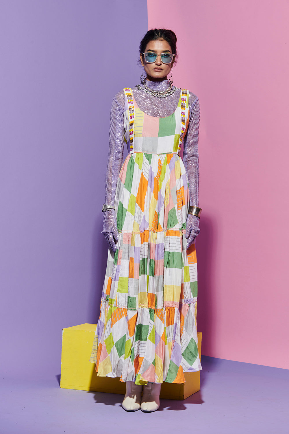 Square print long dress