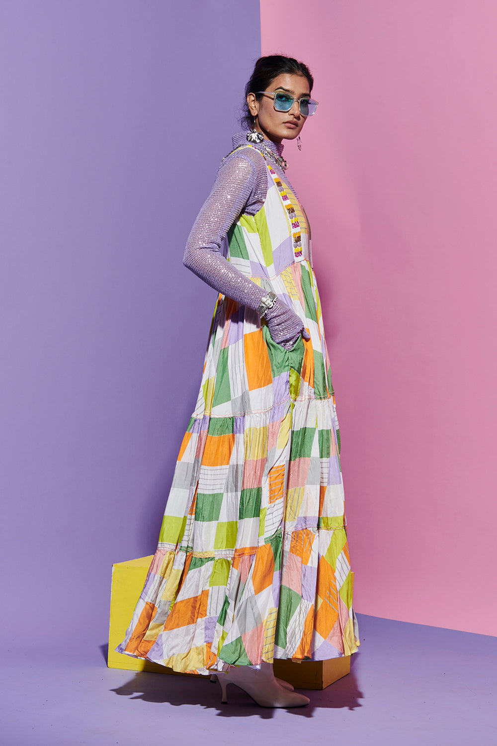 Square print long dress