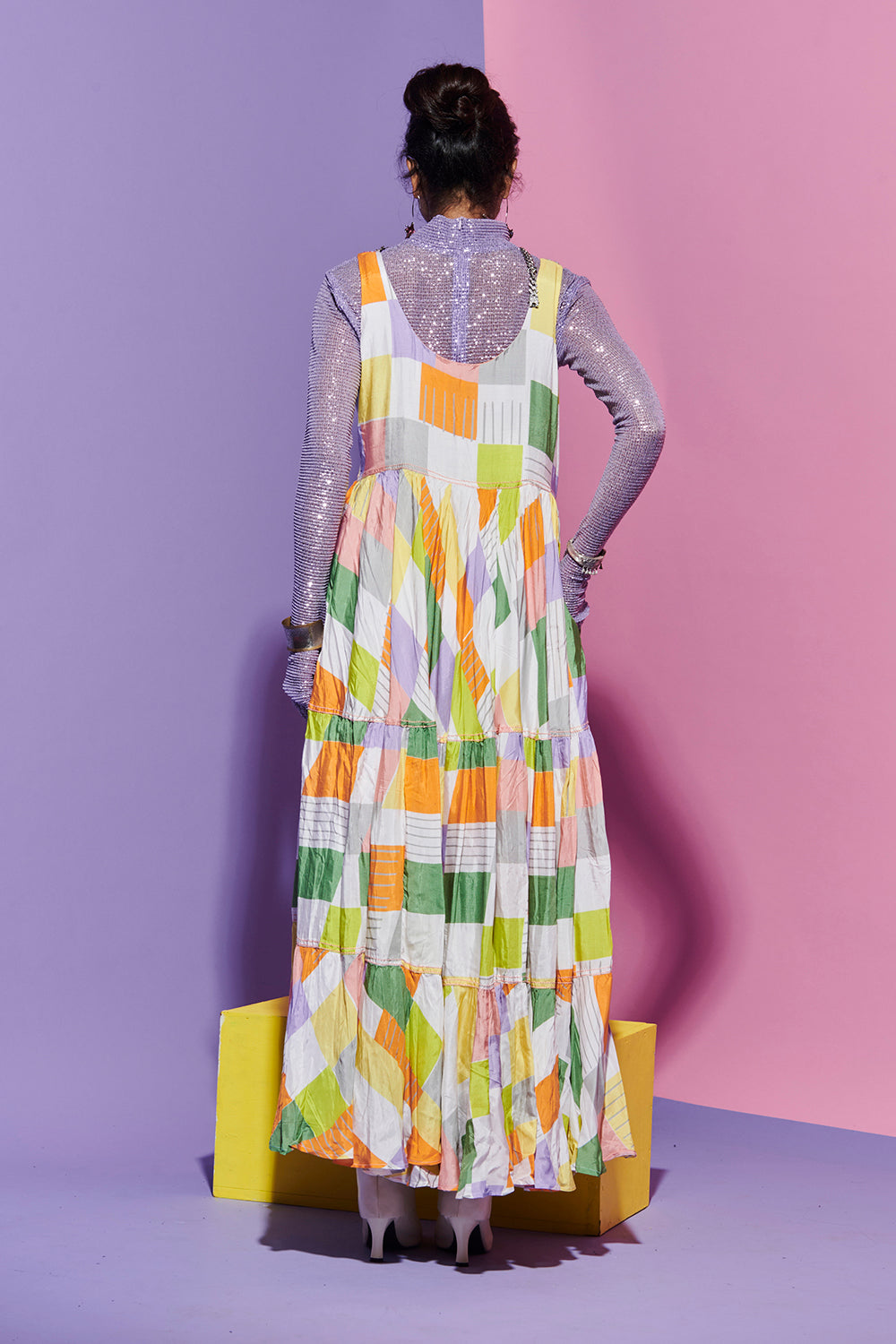Square print long dress