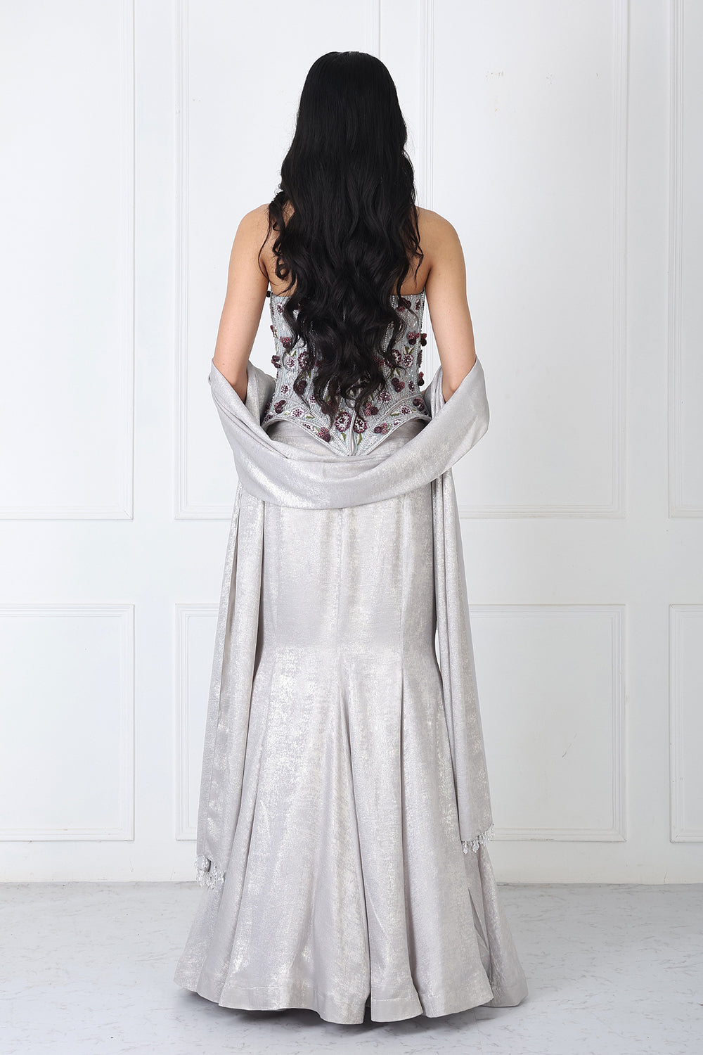 Steel Grey Embroidered Corset With Paneled Skirt And Dupatta