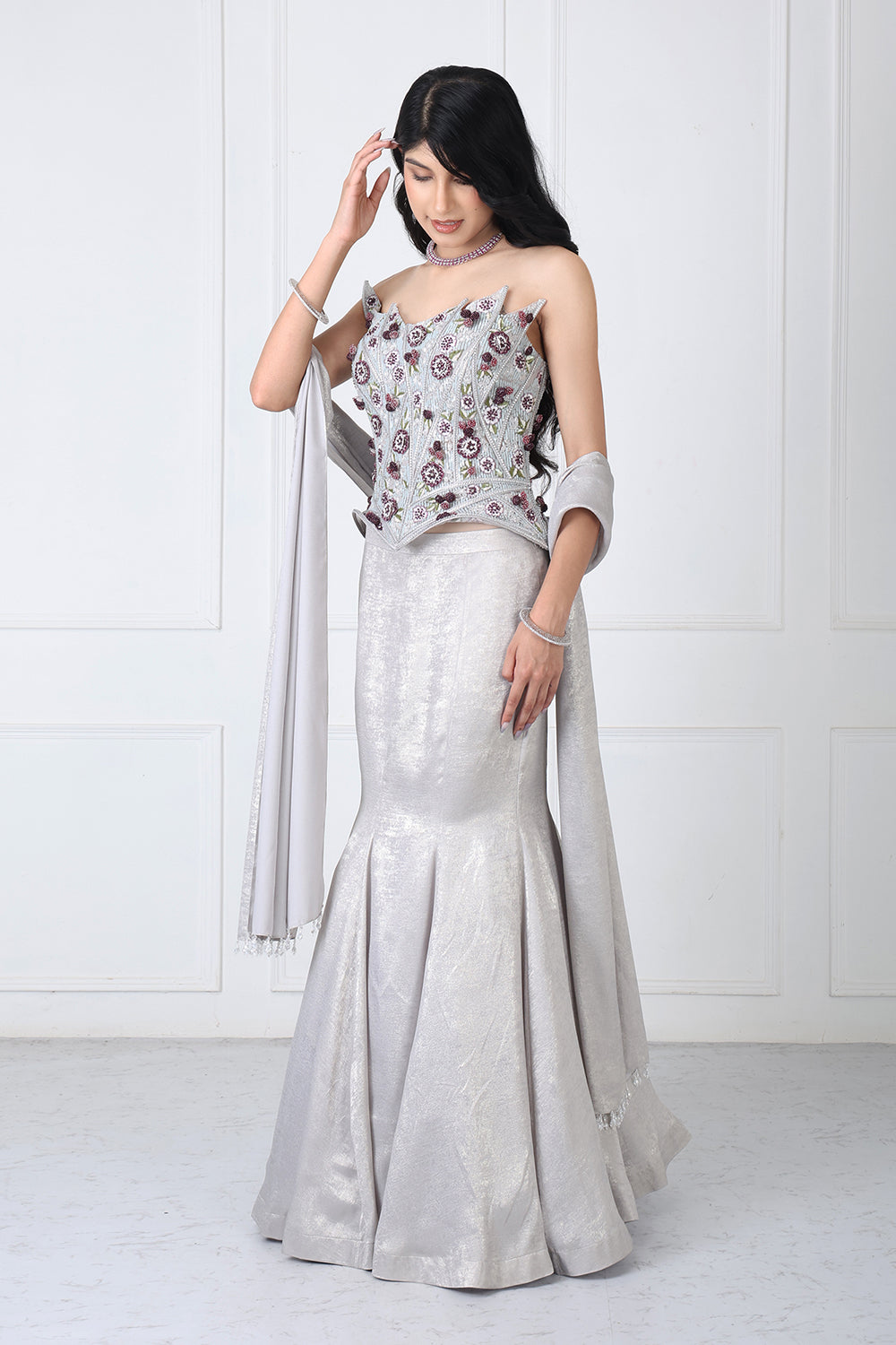 Steel Grey Embroidered Corset With Paneled Skirt And Dupatta