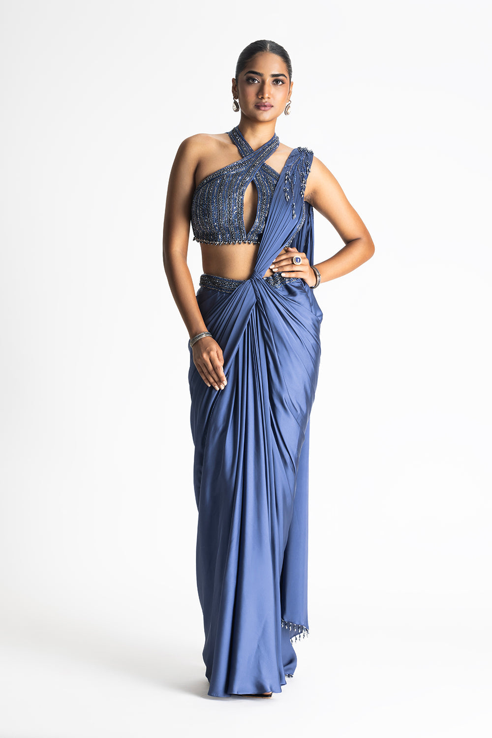 Stone Blue Satin Predraped Saree