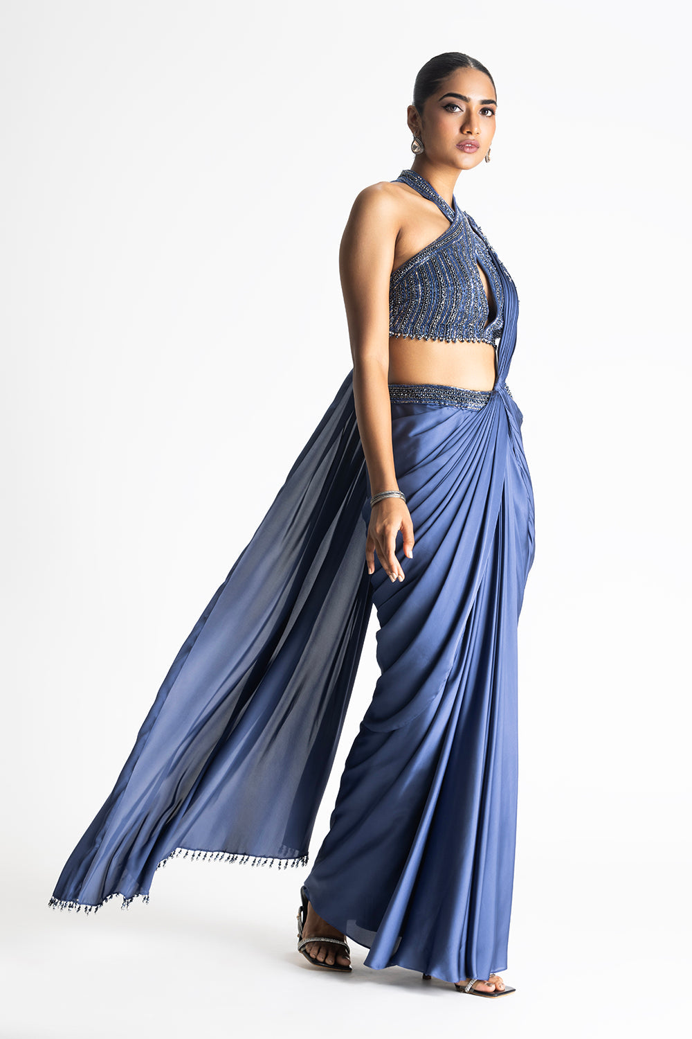 Stone Blue Satin Predraped Saree