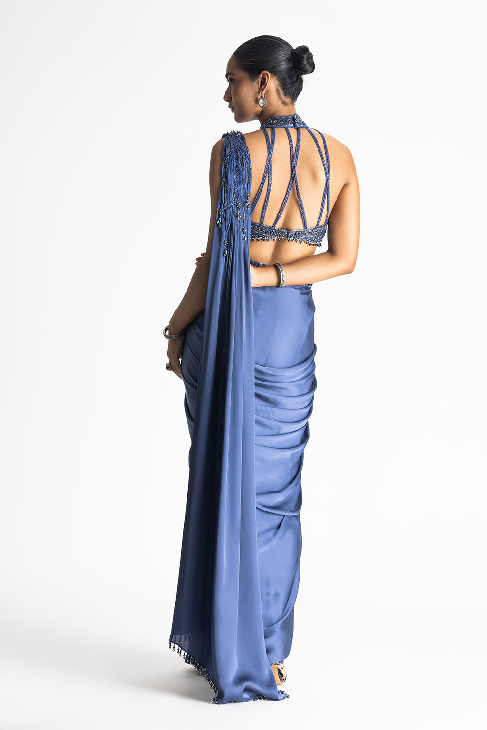 Stone Blue Satin Predraped Saree