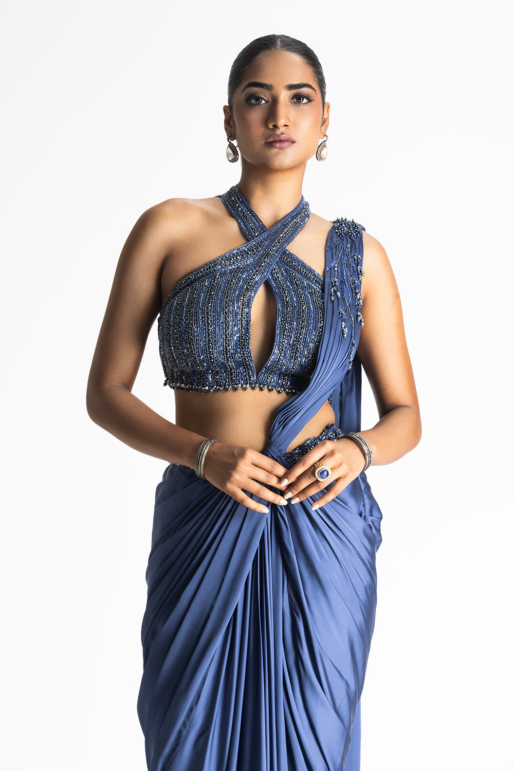 Stone Blue Satin Predraped Saree