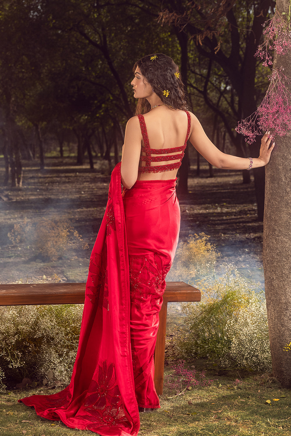 Strawberry Red Satin Saree