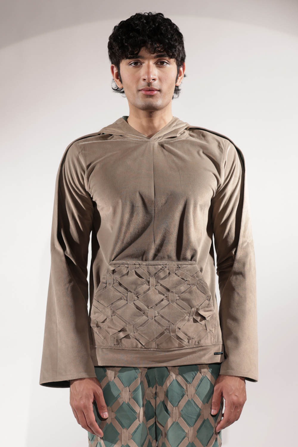 Suede Panel Hoodie with Woven Pocket Detail