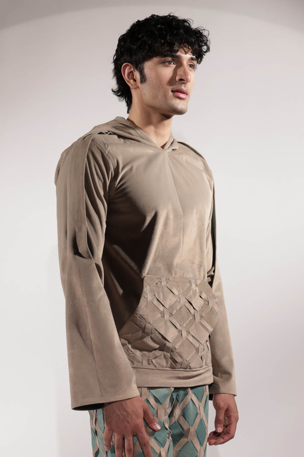 Suede Panel Hoodie with Woven Pocket Detail