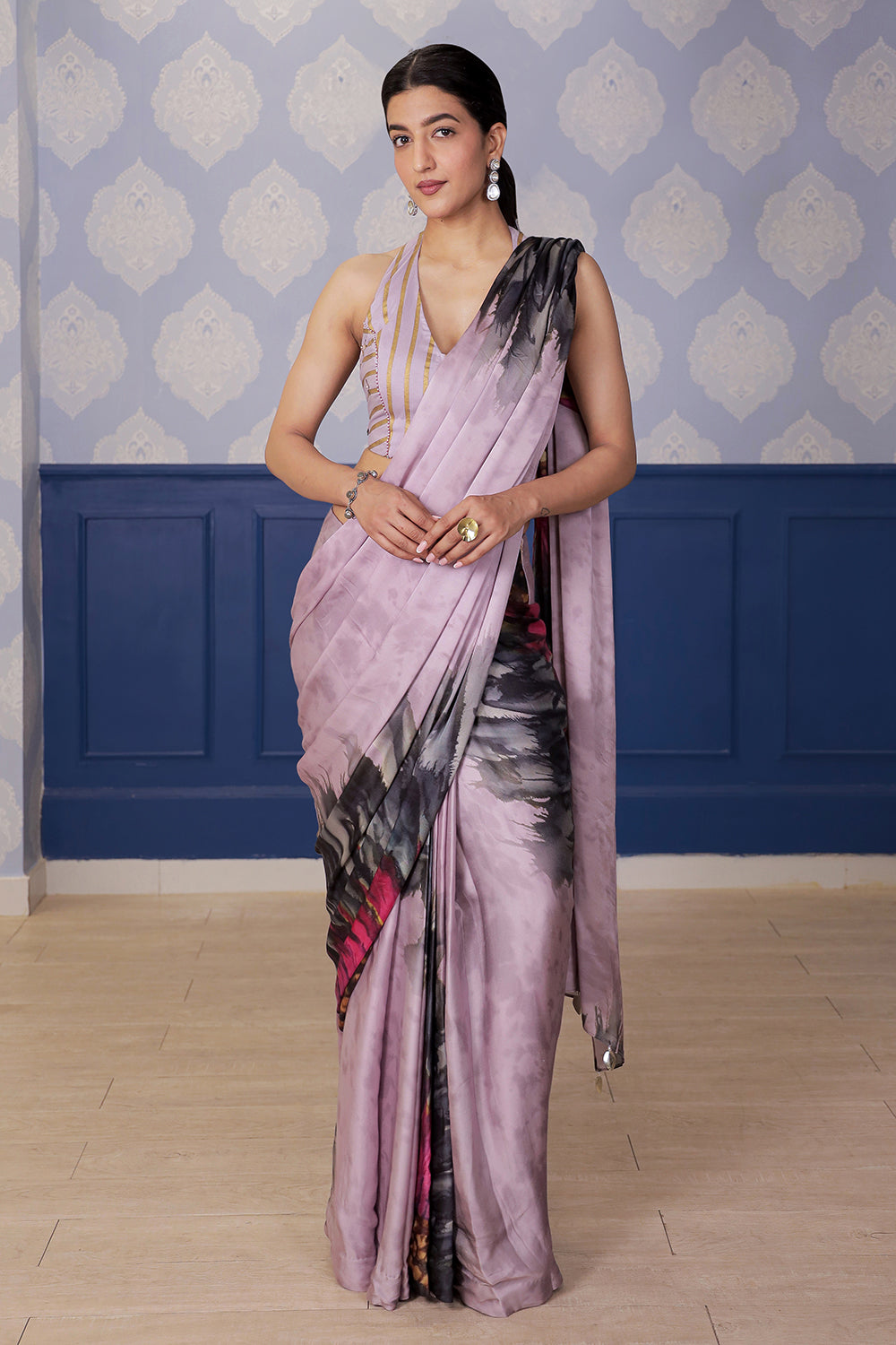 Sunflower Printed Satin Saree with Lilac Chanderi Foil Blouse