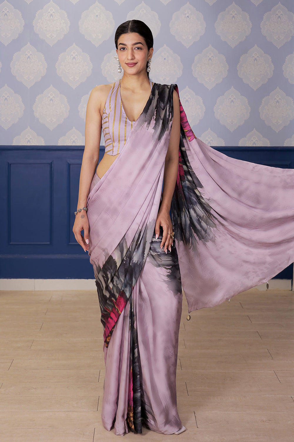 Sunflower Printed Satin Saree with Lilac Chanderi Foil Blouse