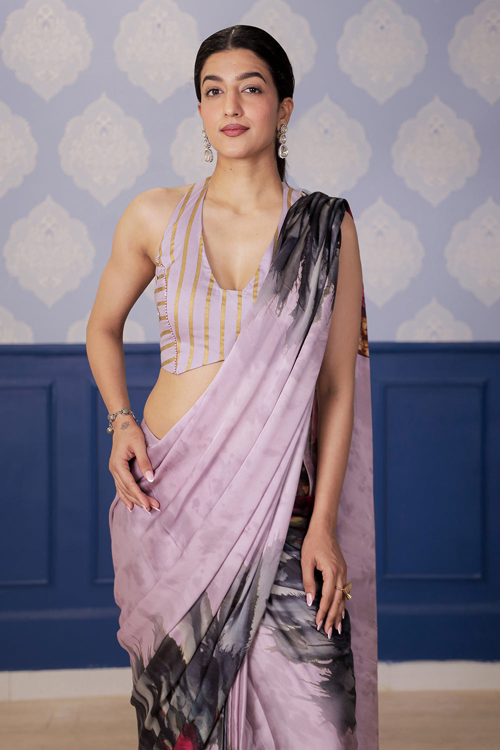 Sunflower Printed Satin Saree with Lilac Chanderi Foil Blouse