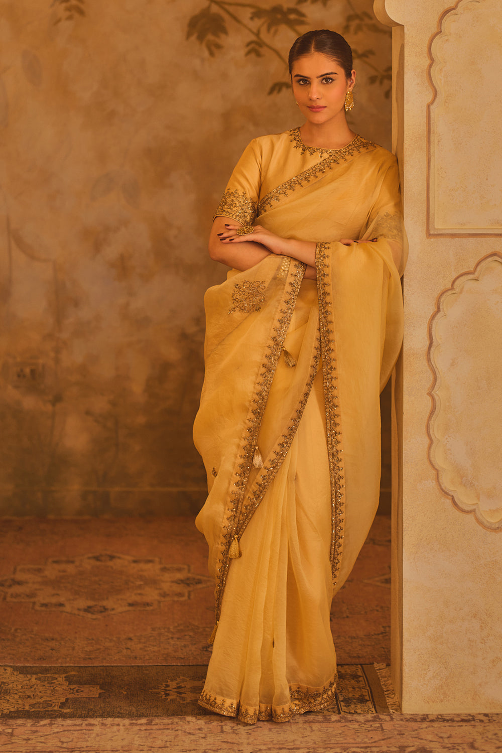 Tajra Gold Organza Saree With Zero-Neck Blouse