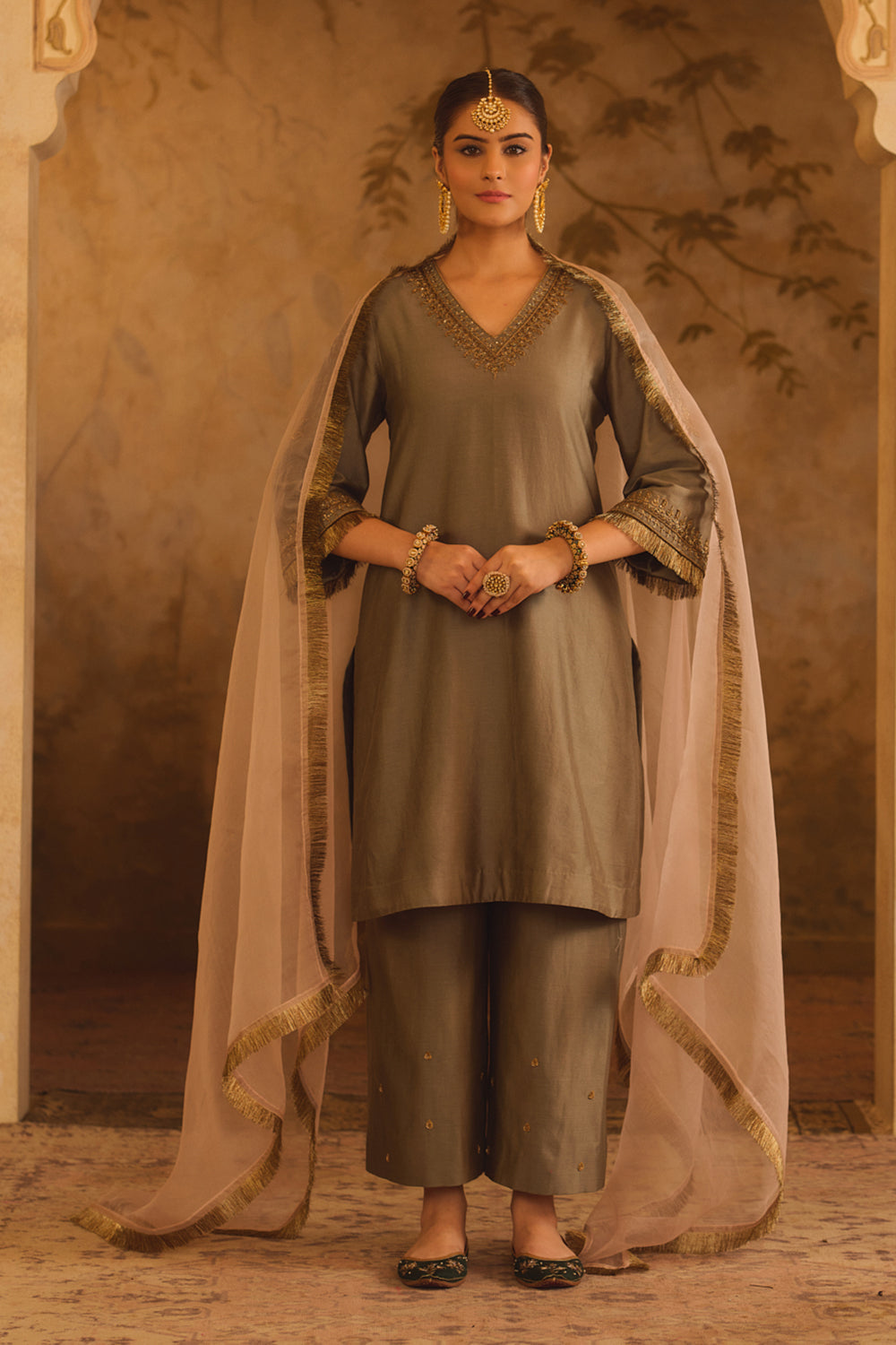 Tajra Green V-Neck A-Line Kurta Set