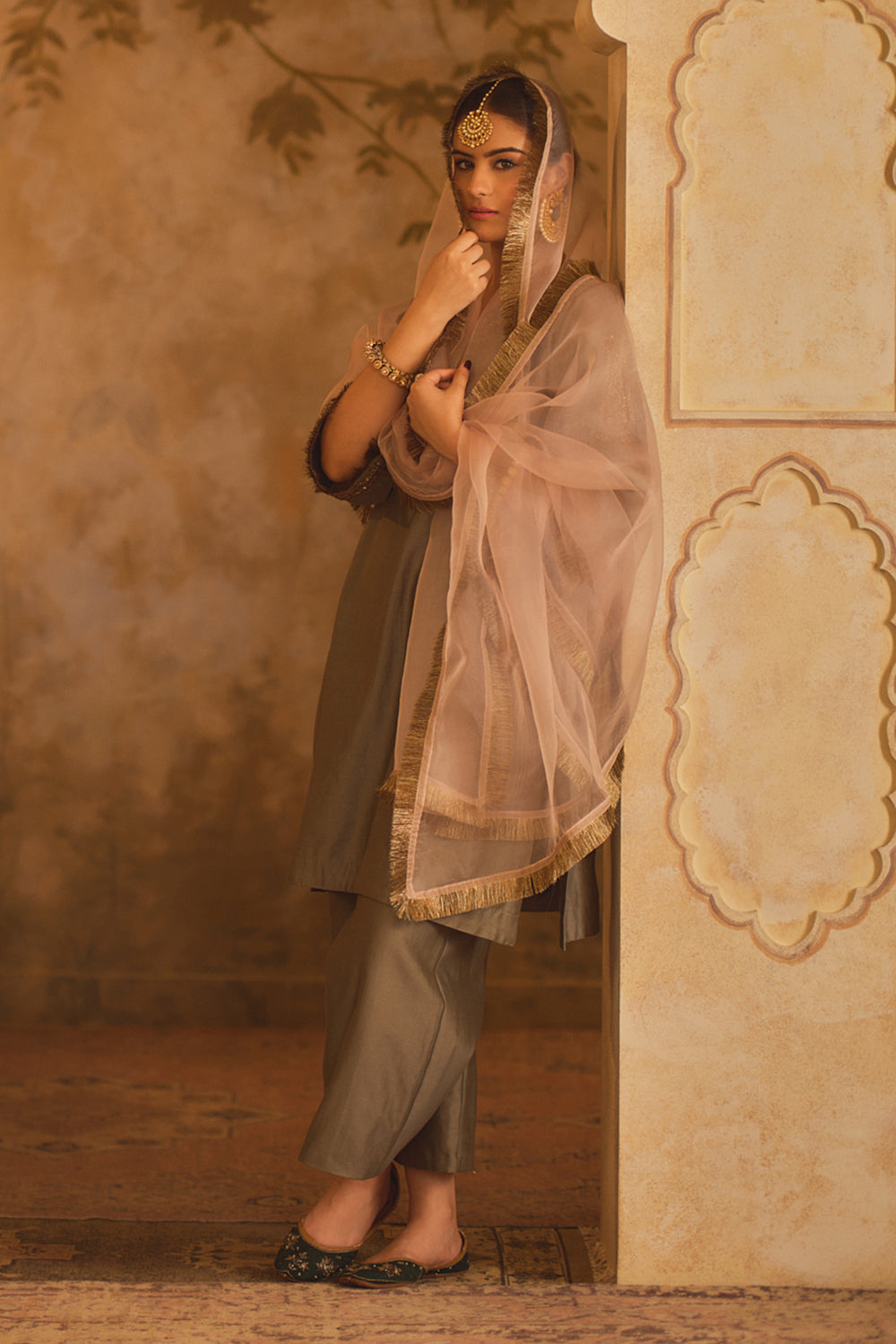 Tajra Green V-Neck A-Line Kurta Set