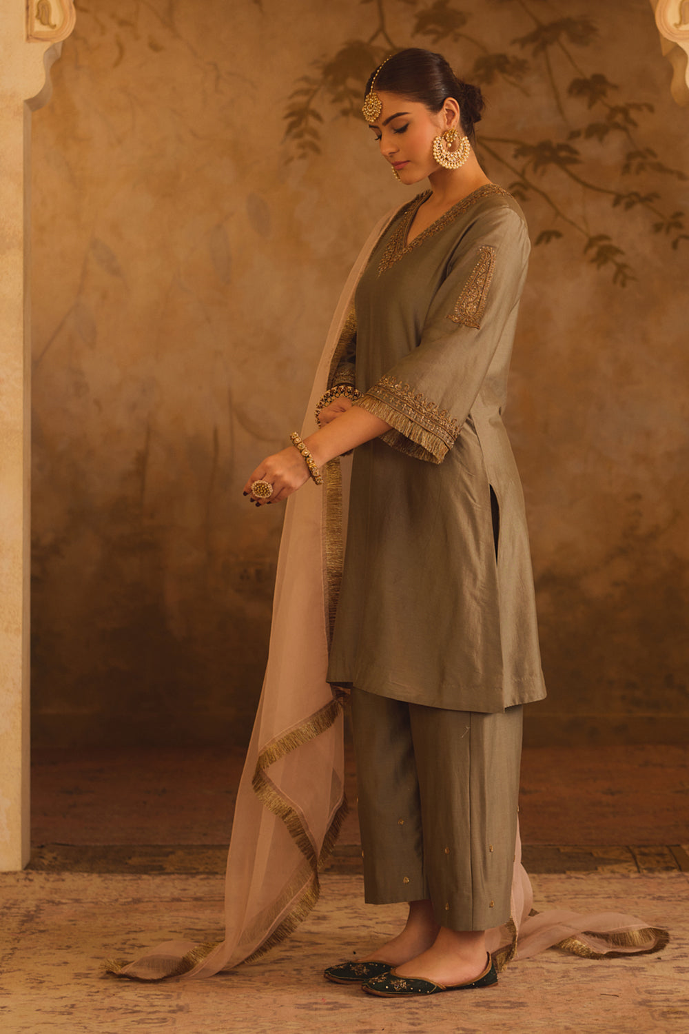 Tajra Green V-Neck A-Line Kurta Set