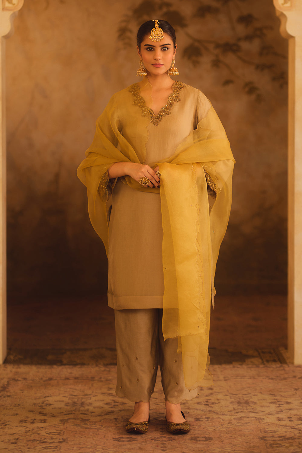 Tajra Green V-Neck Organza A-Line Kurta Set