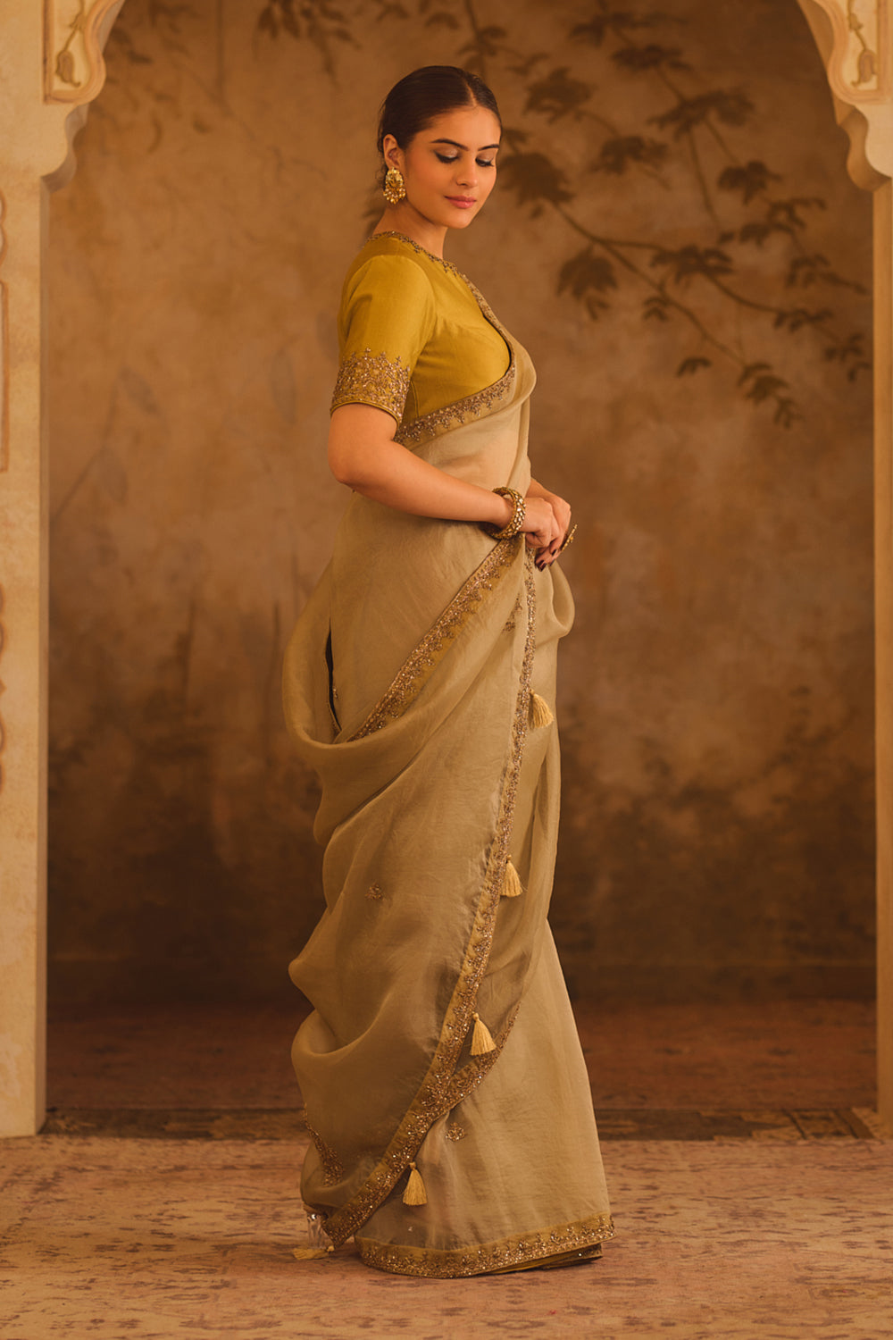 Tajra Grey & Green Organza Saree With Zero-Neck Blouse