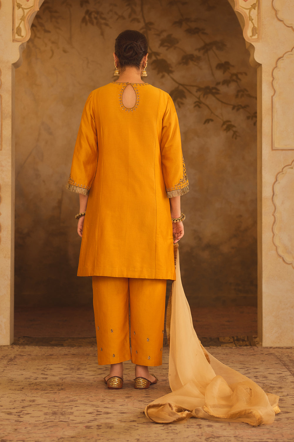 Tajra Mustard Zero-Neck A-Line Kurta Set