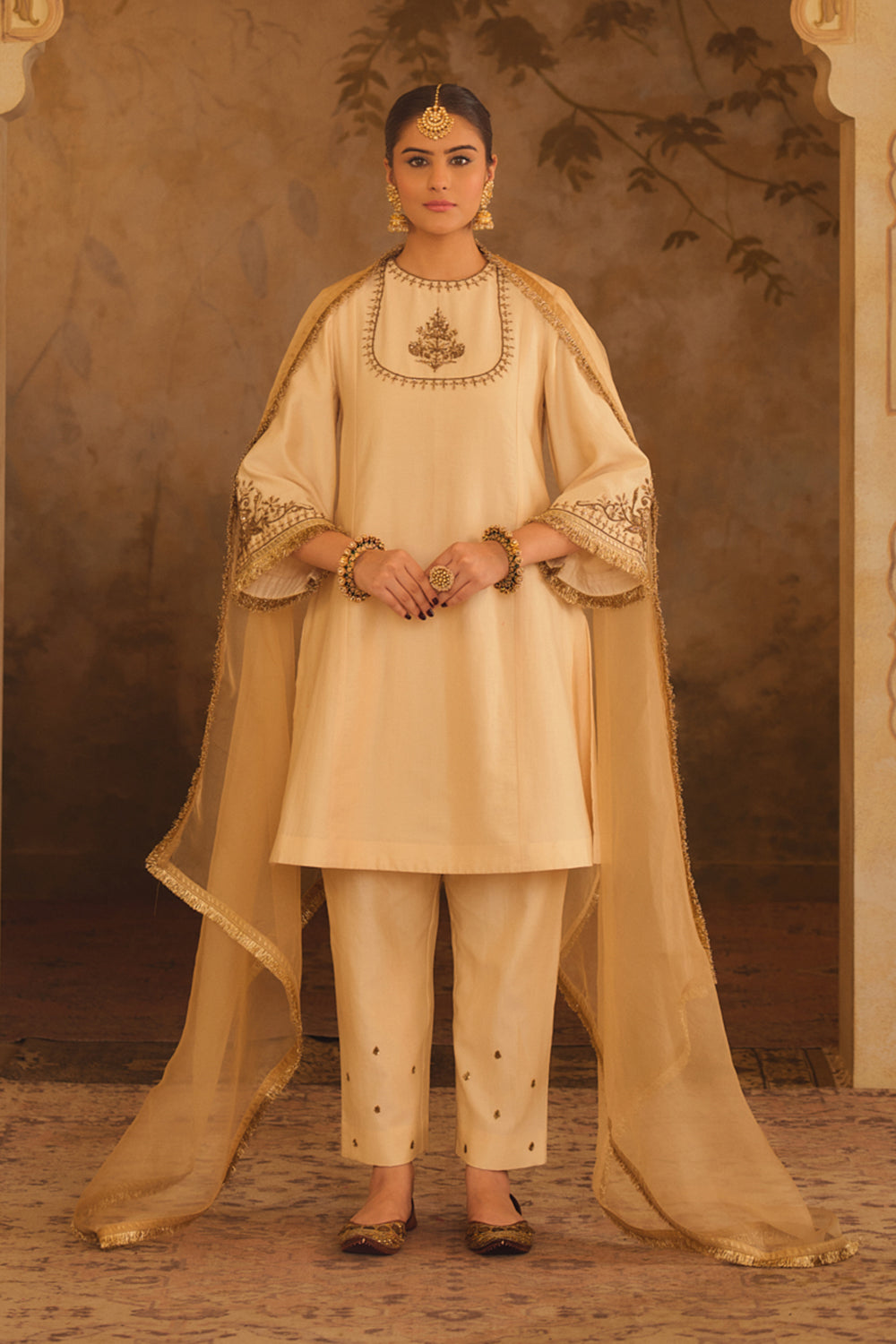 Tajra Mustard Zero-Neck A-Line Kurta Set
