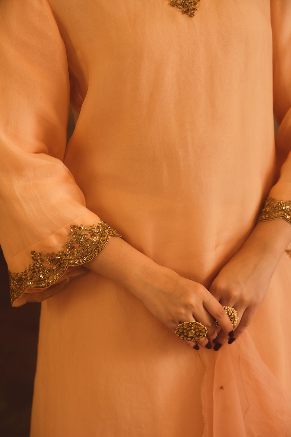 Tajra Peach V-Neck Organza A-Line Kurta Set