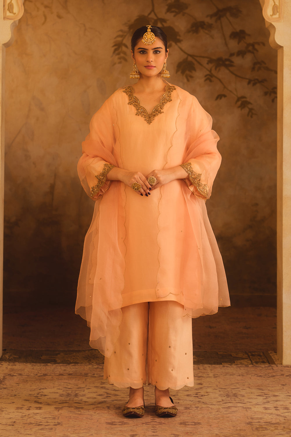 Tajra Peach V-Neck Organza A-Line Kurta Set