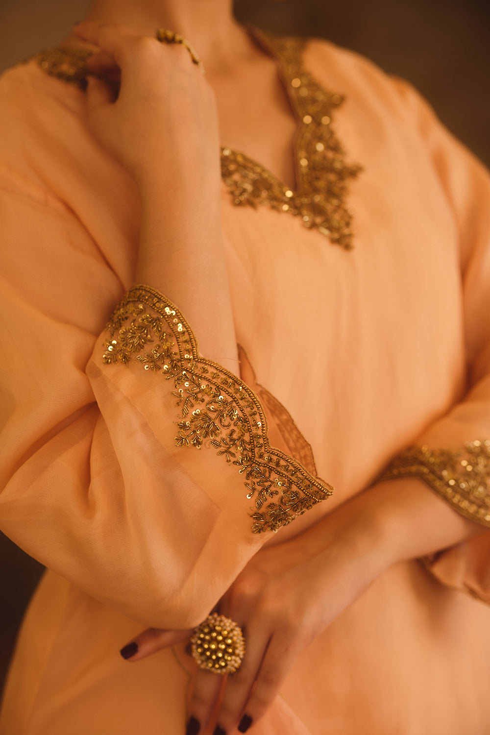 Tajra Peach V-Neck Organza A-Line Kurta Set