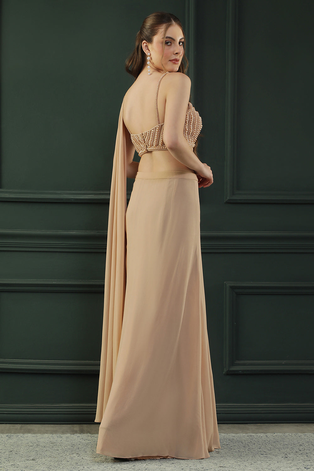 Tan Brown Pearl Pre-Drape Saree