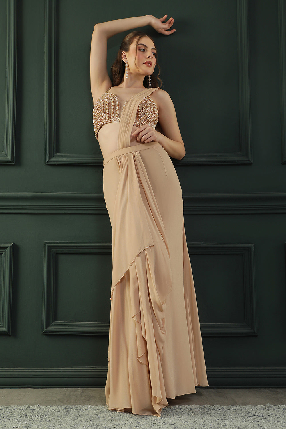 Tan Brown Pearl Pre-Drape Saree