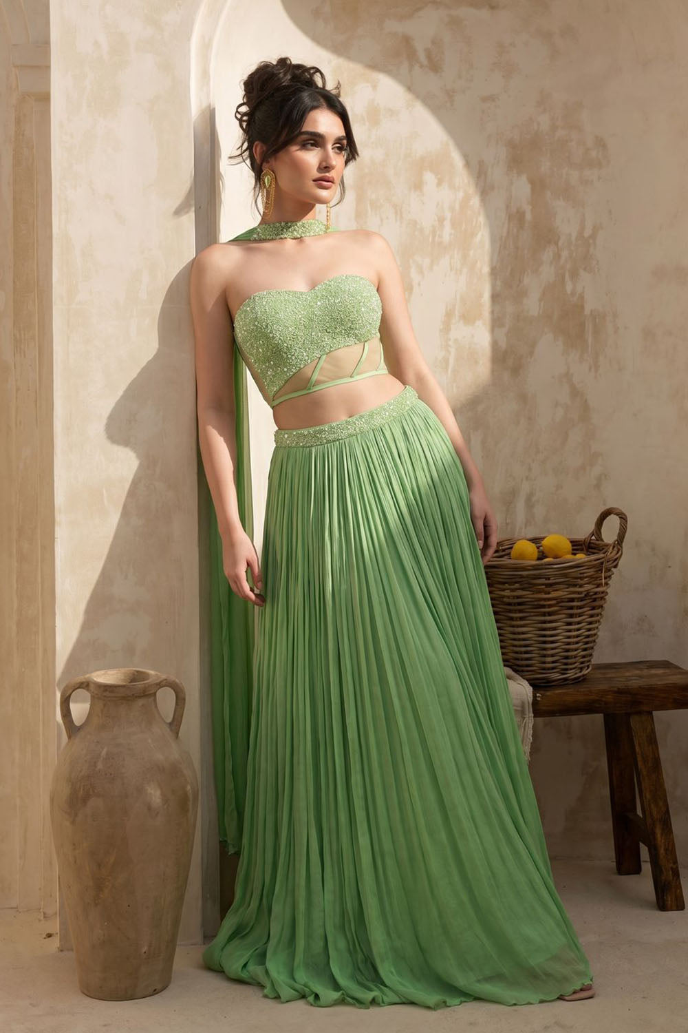 Tea-Green Corset with pleated Skirt & Dupatta
