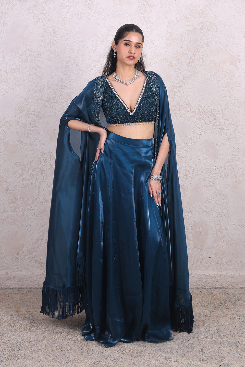 Teal Blue Draped Skirt with Embellished V-neck BNlouse and Cape Set