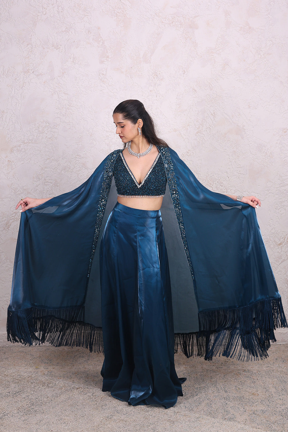 Teal Blue Draped Skirt with Embellished V-neck BNlouse and Cape Set