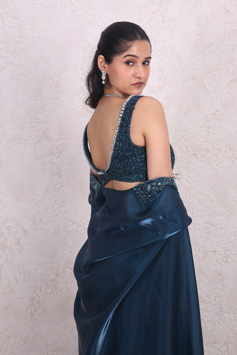 Teal Blue Draped Skirt with Embellished V-neck BNlouse and Cape Set