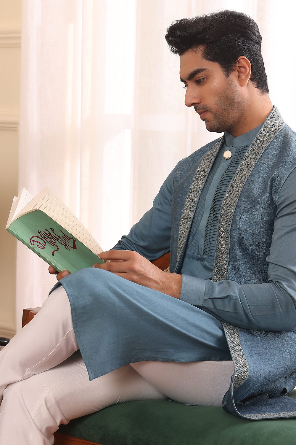 Teal Bue Kurta Pants with Shrug Jacket