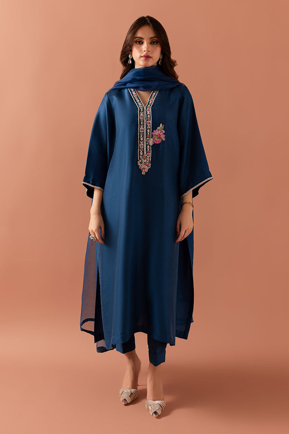 Teal Embroidered Comfort Fit Kurta Set