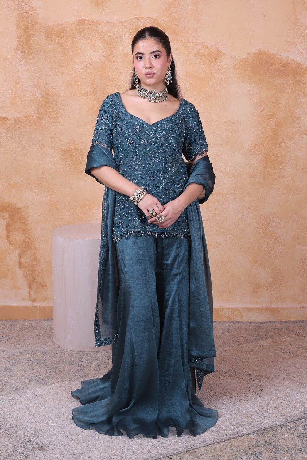 Teal Flared Pants with Embellished Top and Dupatta Set