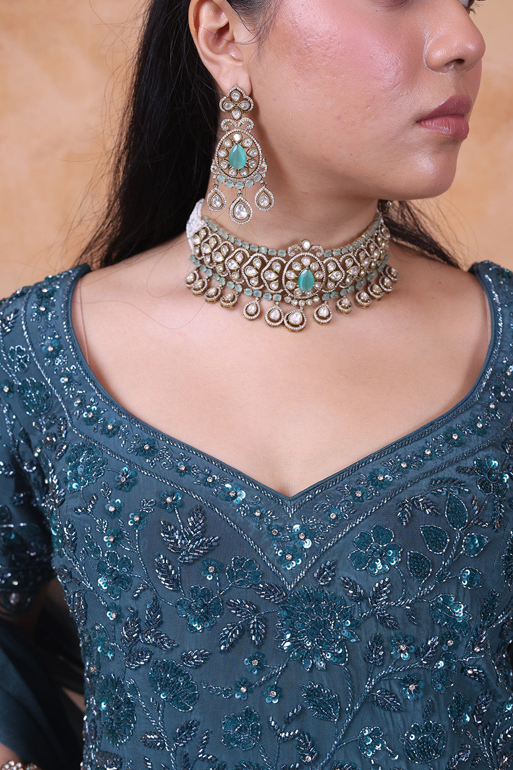 Teal Flared Pants with Embellished Top and Dupatta Set