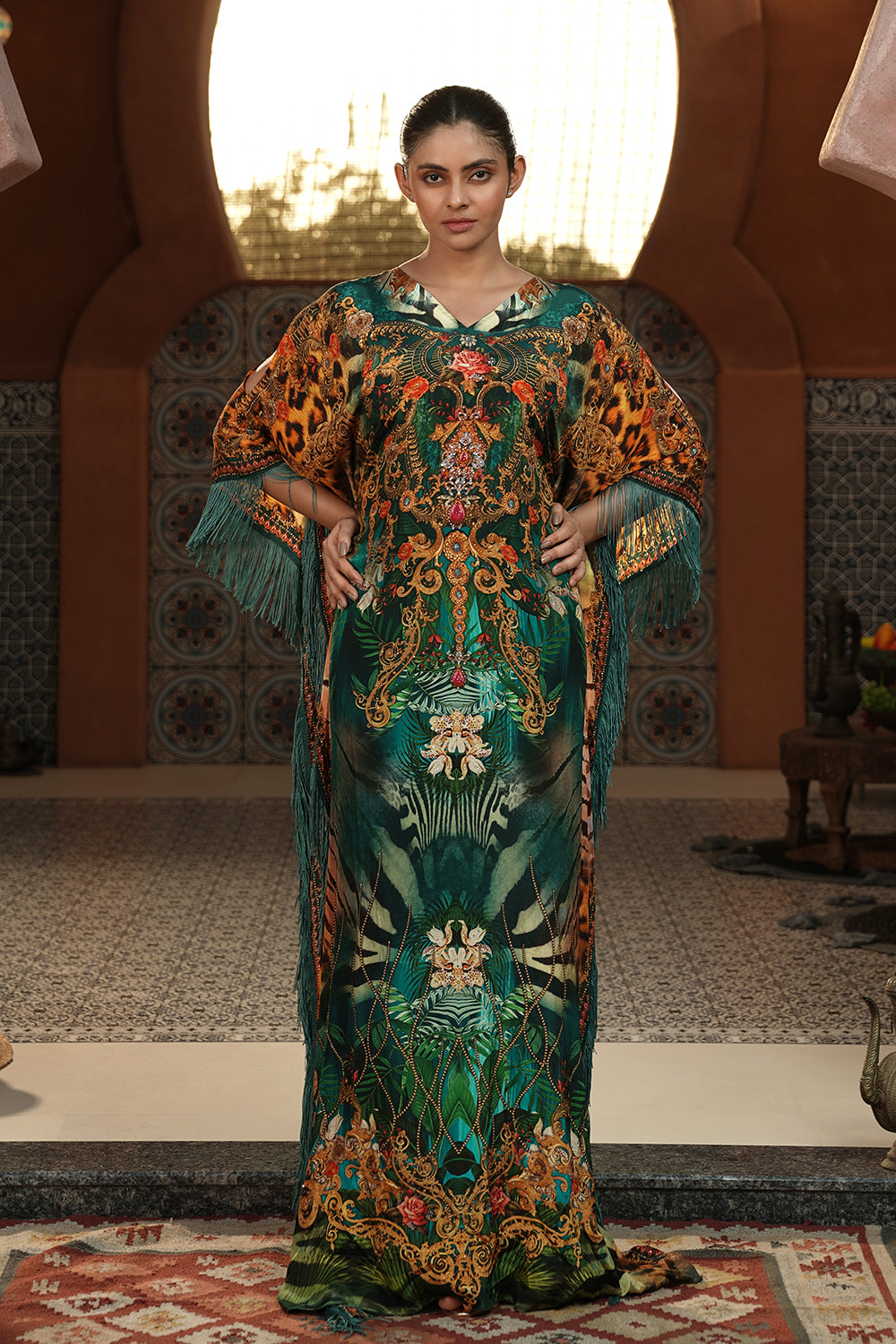 Teal & Golden Printed Kaftan Gown